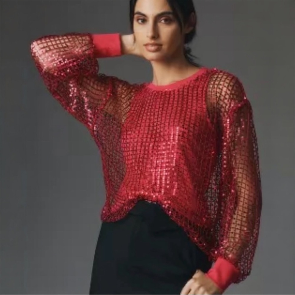 Anthropologie Pilcro Long-Sleeve Sequin Shine Top in Raspberry Size Small NEW